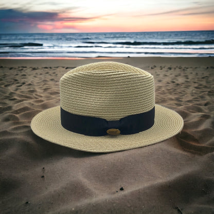 Fedora beige Straw Hat with Black Ribbon Band CFSH07