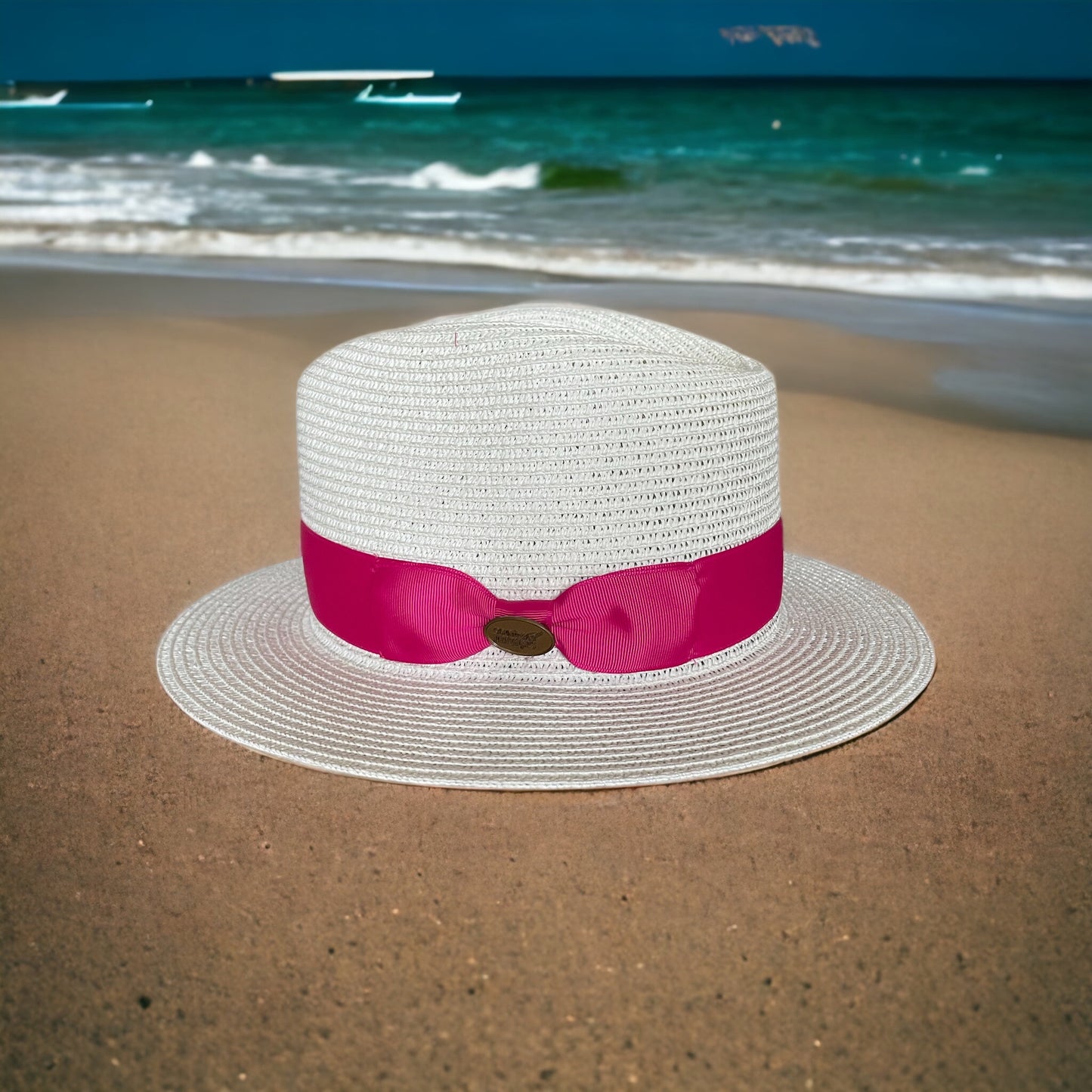 Fedora Straw Hat with Cerise Pink Ribbon Band CFSH03
