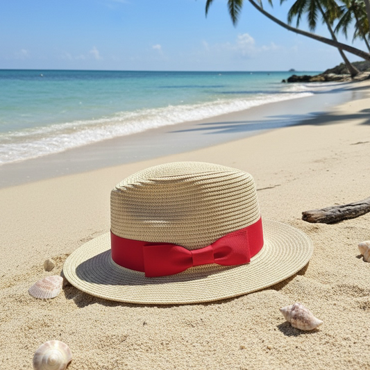Fedora beige Straw Hat with red  Ribbon Band CFSH08