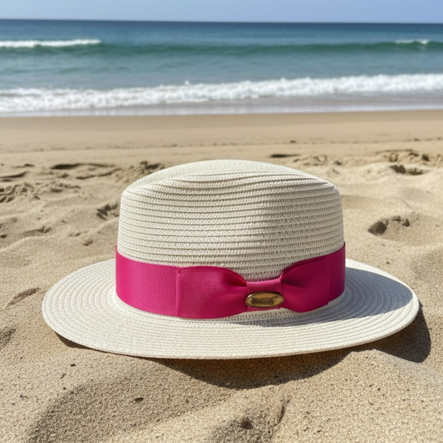 Fedora Straw Hat with Cerise Pink Ribbon Band CFSH03