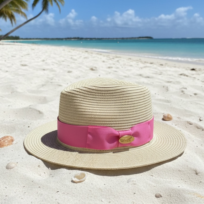 Fedora beige Straw Hat with Pink Ribbon Band CFSH12