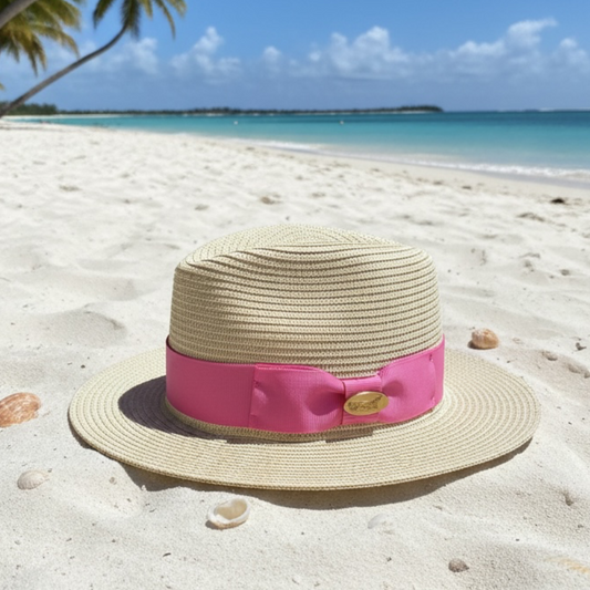 Fedora beige Straw Hat with Pink Ribbon Band CFSH12