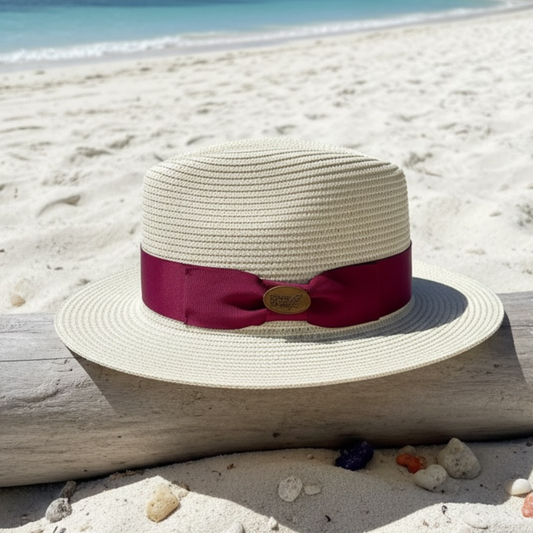 Fedora Straw Hat with Burgundy Ribbon Band CFSH04