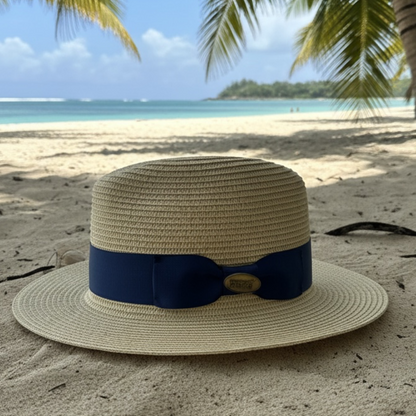 Fedora Beige Straw Hat with Navy Blue Ribbon Band CFSH09
