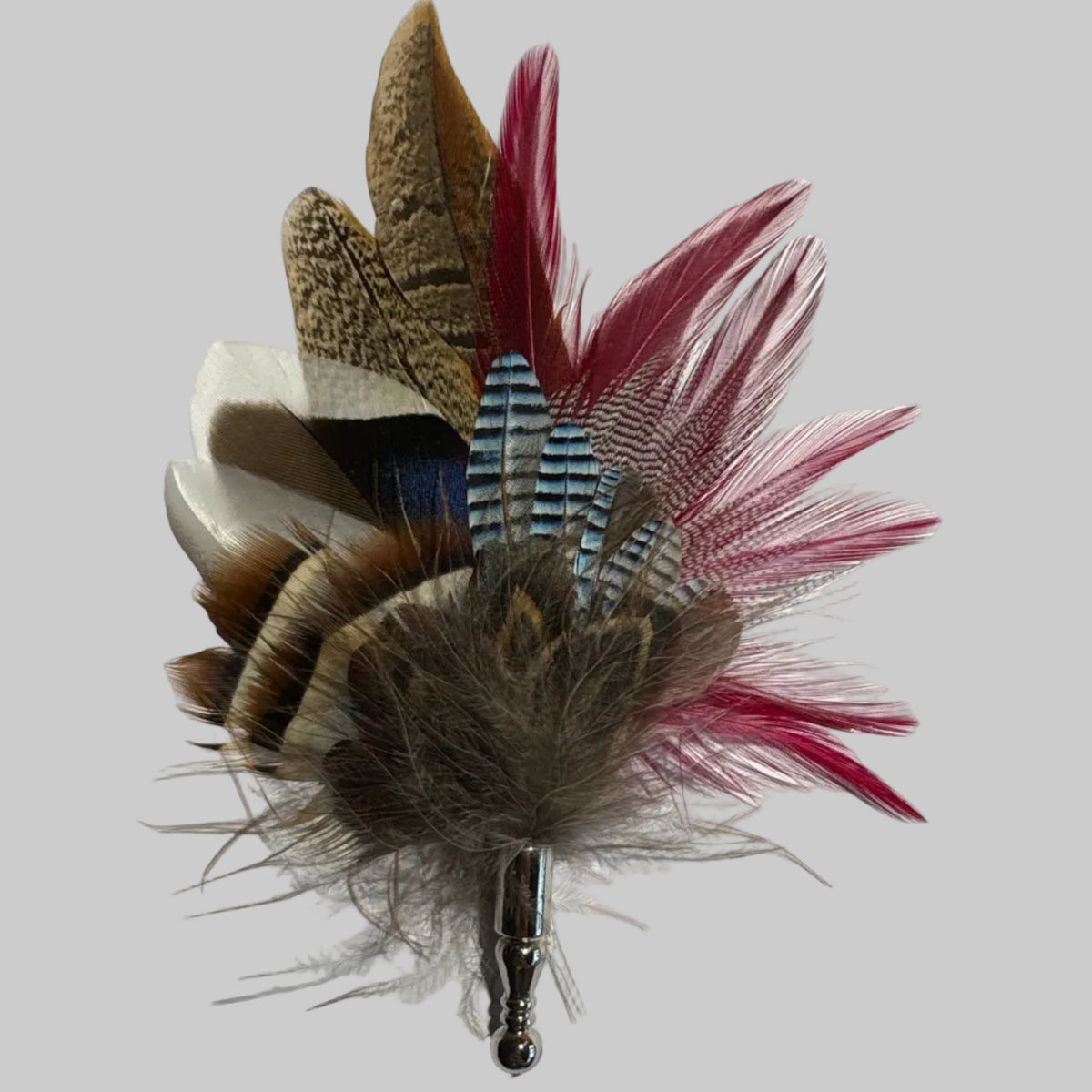 Wine, blue & Natural Feather Lapel Pin CFLP273