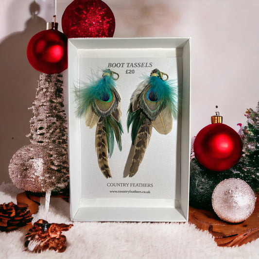 Peacock, Teal & Natural Feather Boot Tassels (CFB4038)
