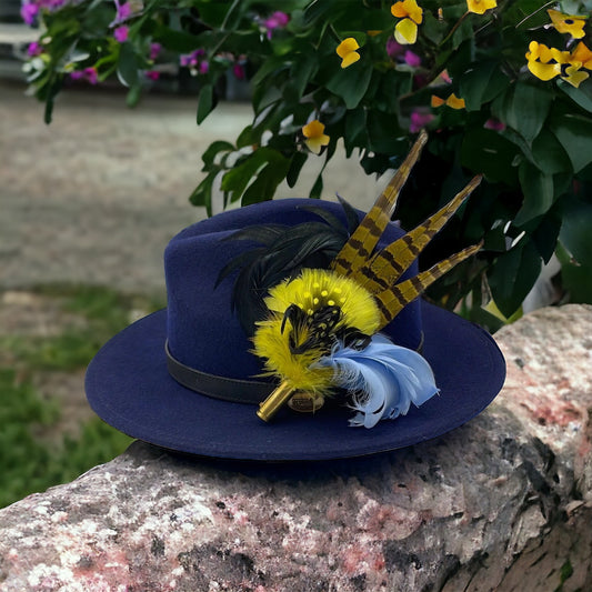 Light Blue, Yellow & Natural Feather Hat Pin (CFP110)