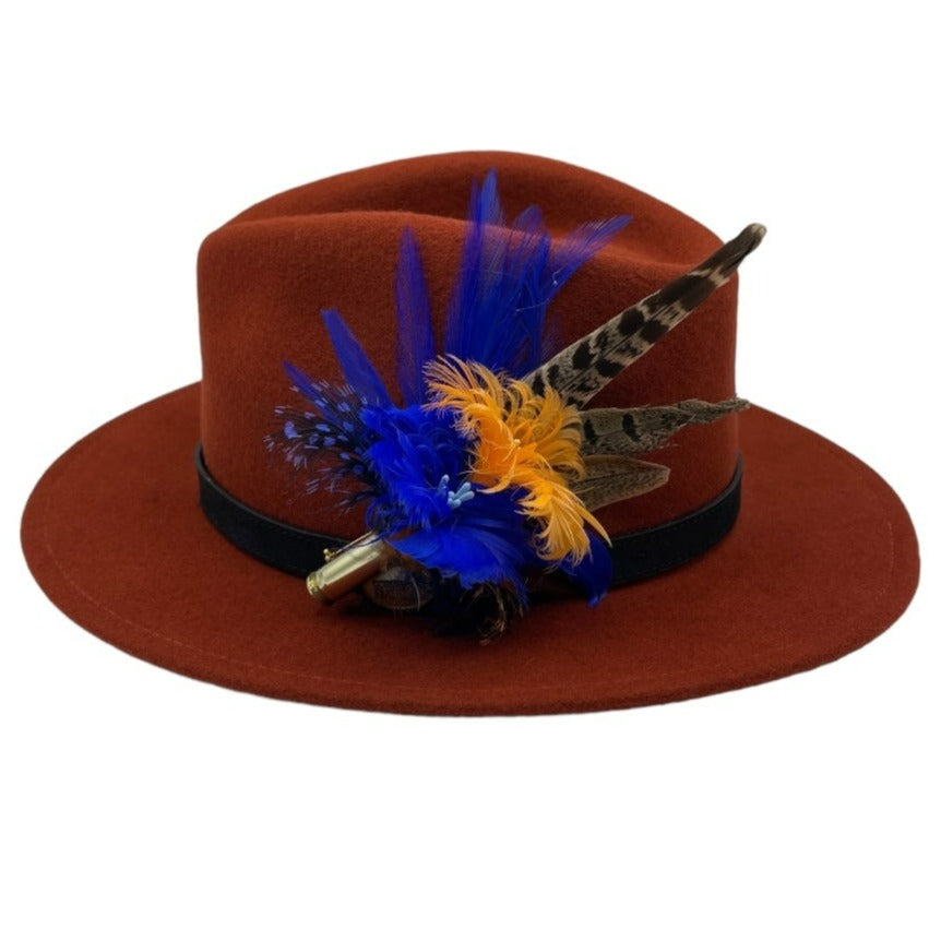 Orange, Royal Blue & Natural Feather Hat Pin (CFP543)