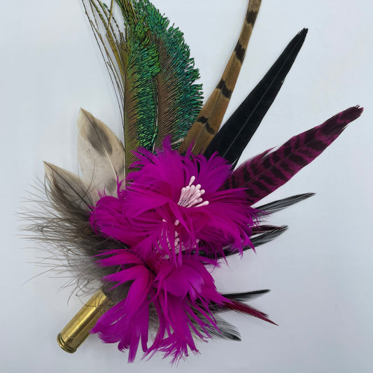 Peacock, Cerise & Natural Feather Hat Pin (CFP378)