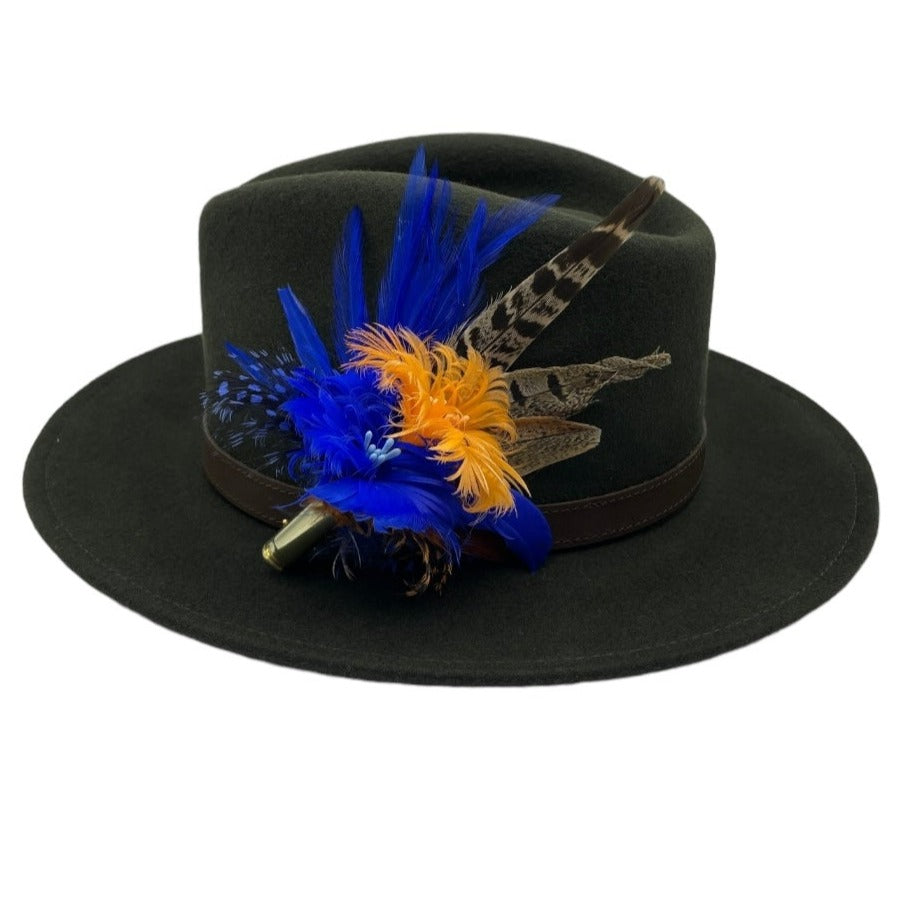 Orange, Royal Blue & Natural Feather Hat Pin (CFP543)