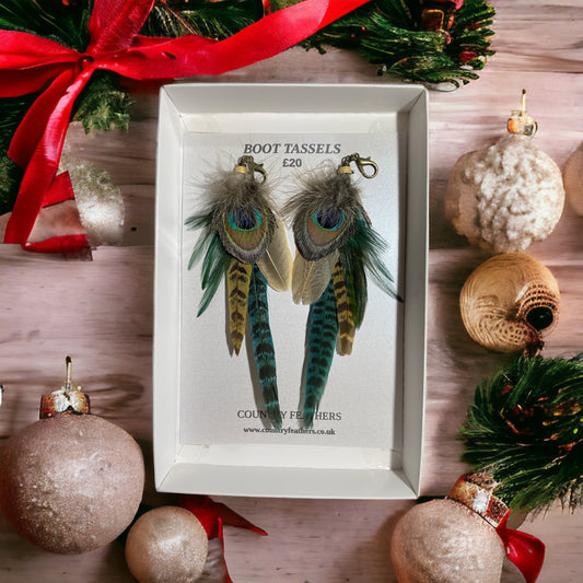 Peacock, Teal & Natural Feather Boot Tassels (CFB4040