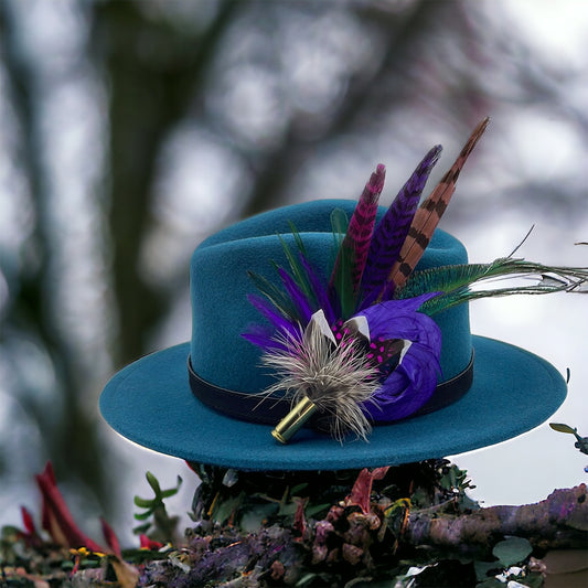 Purple, Cerise & Natural Feather Hat Pin (CFP342) REDUCED EX-DISPLAY
