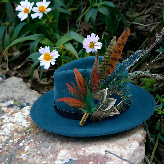 Peacock, Teal, Rust & Natural Feather Hat Pin (CFP364)