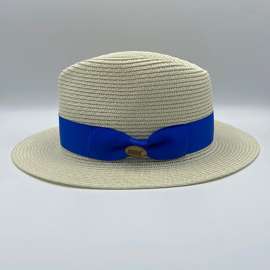 Fedora Straw Hat With Royal Blue Ribbon Band