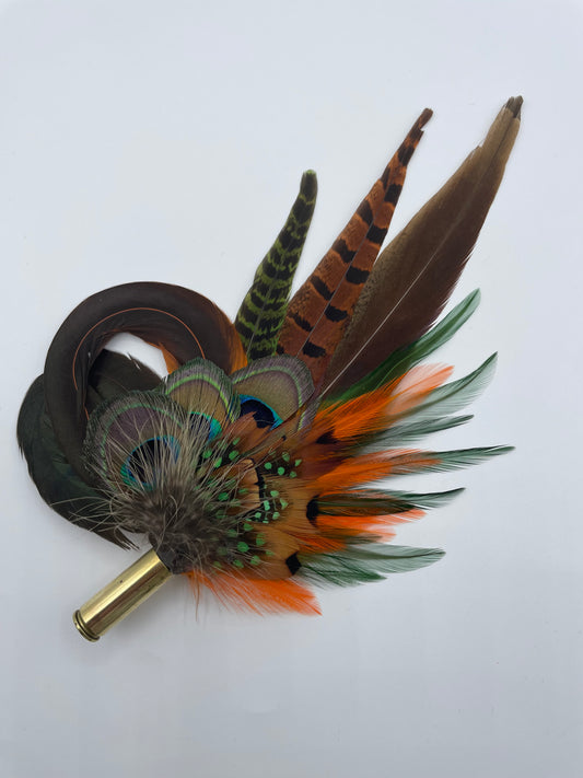 Peacock, Rust, Green & Natural Feather Hat Pin (CFP373)