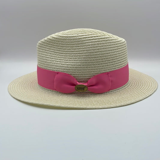 Fedora Straw Hat With Pink Ribbon Band
