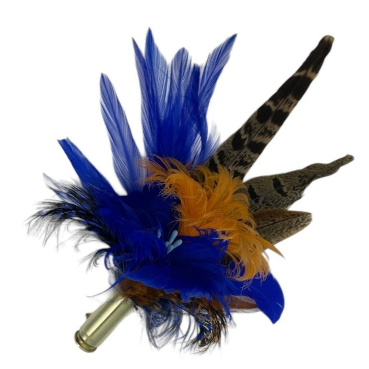 Orange, Royal Blue & Natural Feather Hat Pin (CFP543)