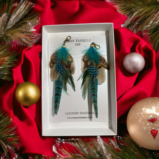 Green, Blue & Natural Feather Boot Tassels (CFB4039)