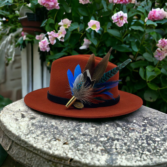 Blue, Rust & Natural Feather Hat Pin (CFP411)