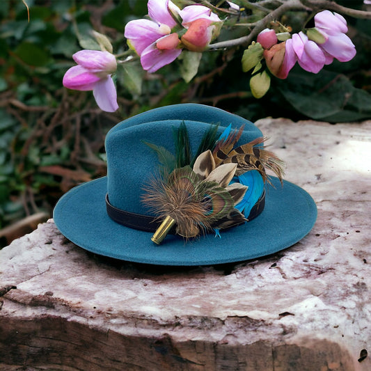 Peacock, Blue & Natural Feather Hat Pin (CFP279)- REDUCED EX-DISPLAY