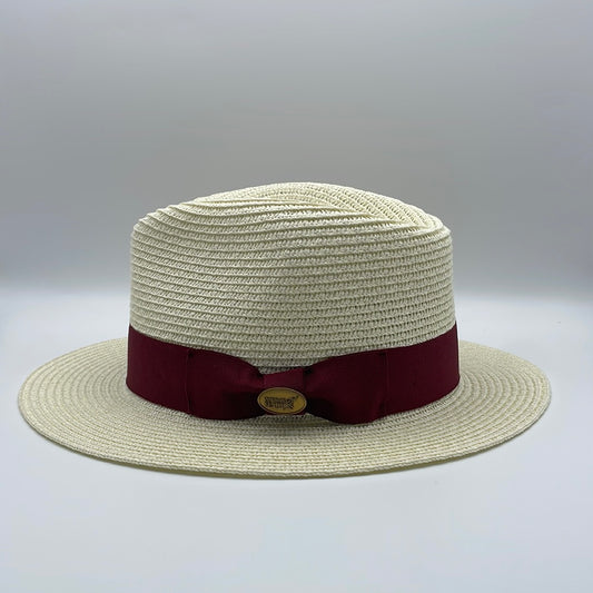 Fedora Straw Hat With A Maroon Ribbon Band