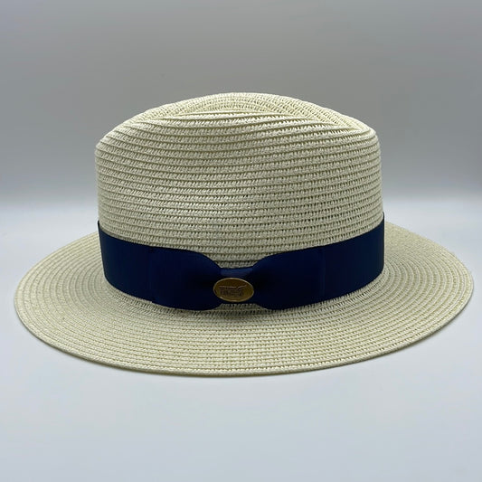 Fedora Straw Hat with Navy Ribbon Band