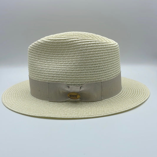 Fedora Straw Hat With A Grey Ribbon Band