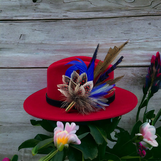 Blue, Red & Natural Feather Hat Pin (CFP395)