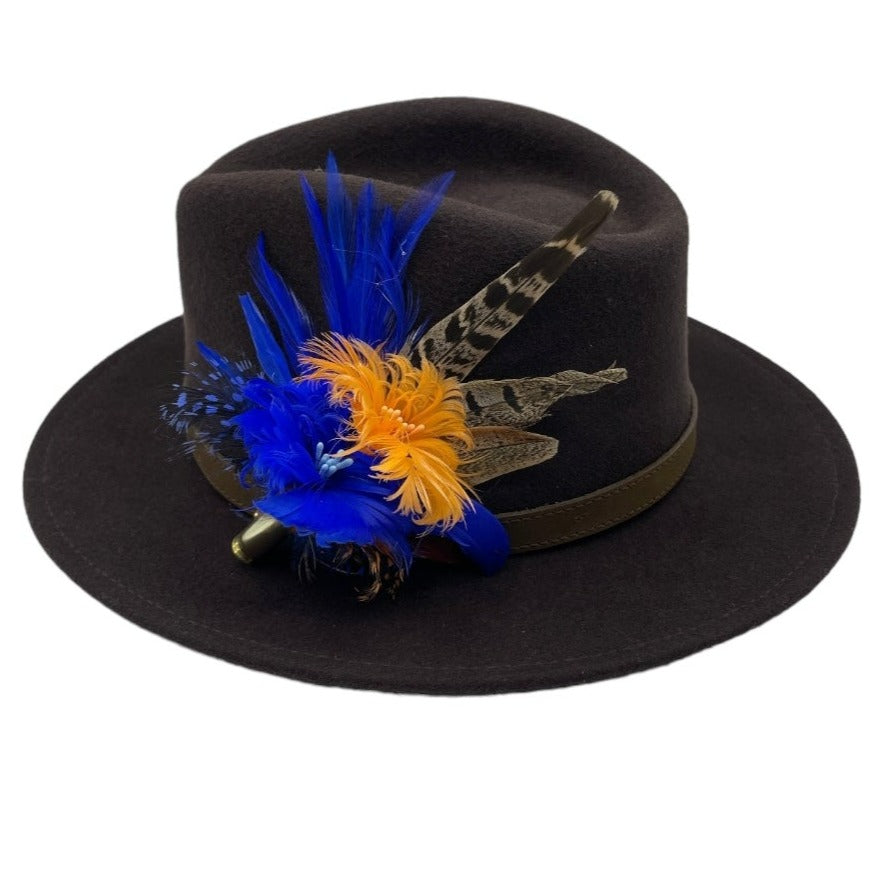 Orange, Royal Blue & Natural Feather Hat Pin (CFP543)