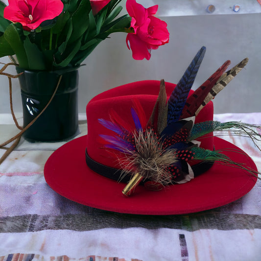 Red, Blue & Natural Feather Hat Pin (CFP370)