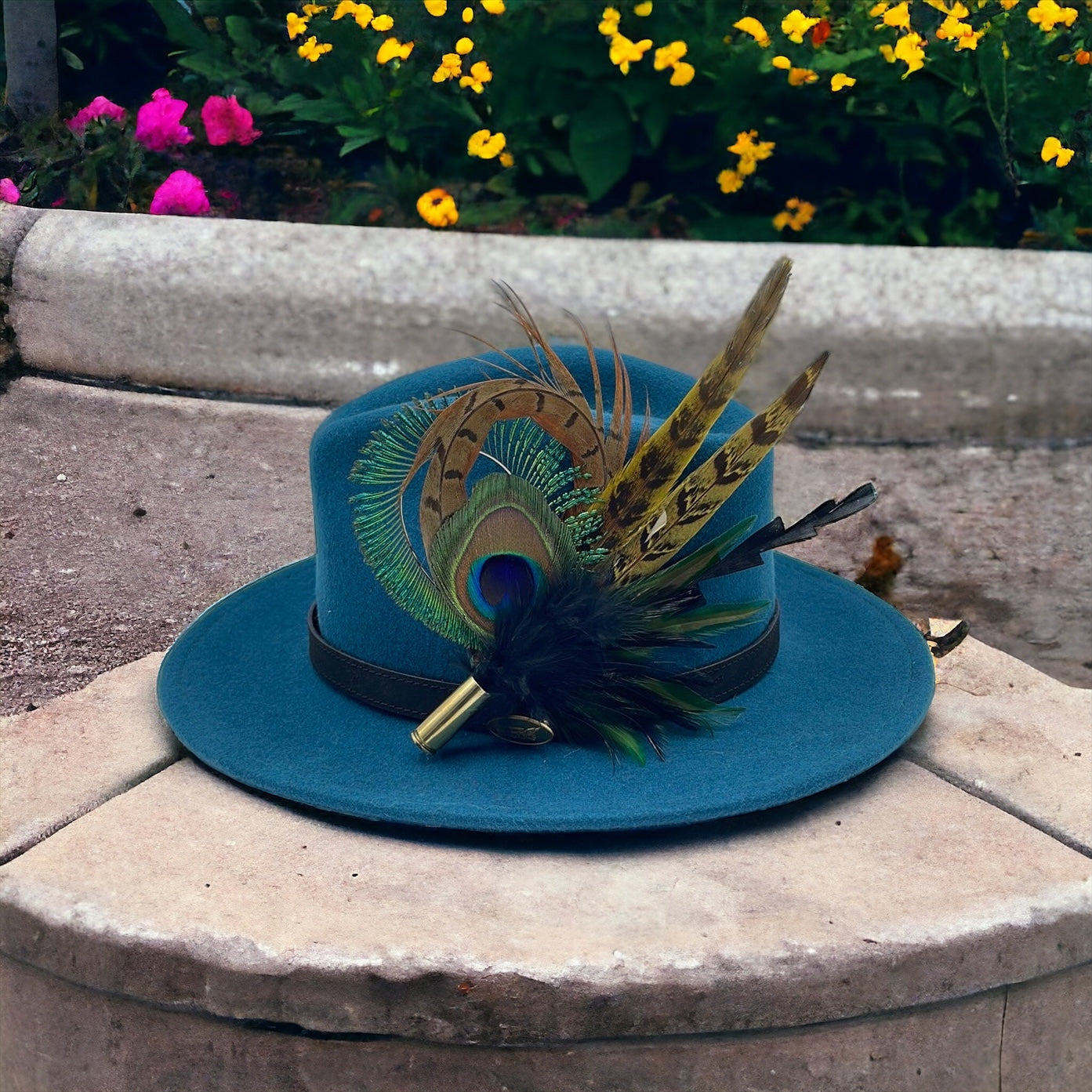Peacock, Green, Black & Natural Feather Hat Pin (CFP388)