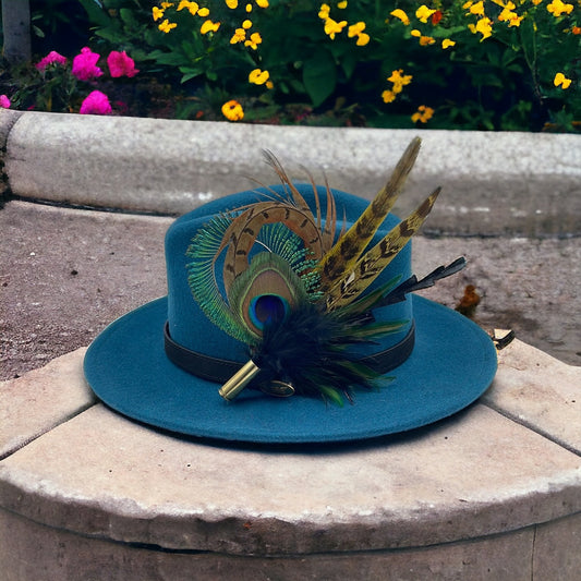 Peacock, Green, Black & Natural Feather Hat Pin (CFP388)