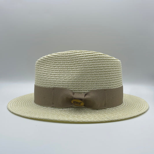 Fedora Straw Hat With Beige Ribbon Band
