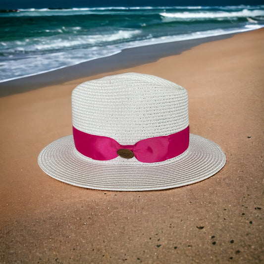 Fedora Straw Hat With A Cerise Ribbon Band