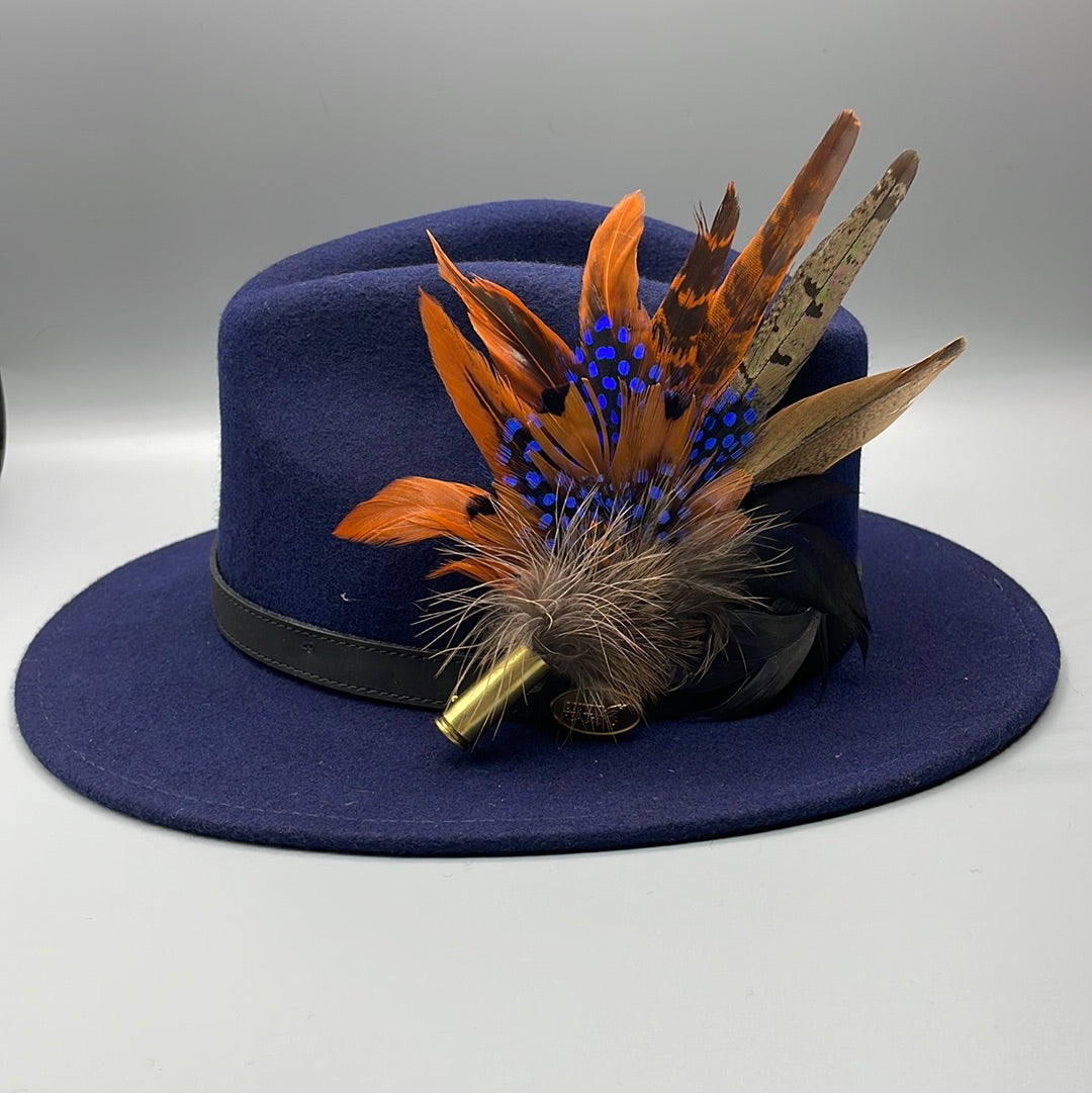 Orange, Blue & Natural Feather Pin (CFP046) - Reduced Ex-Display