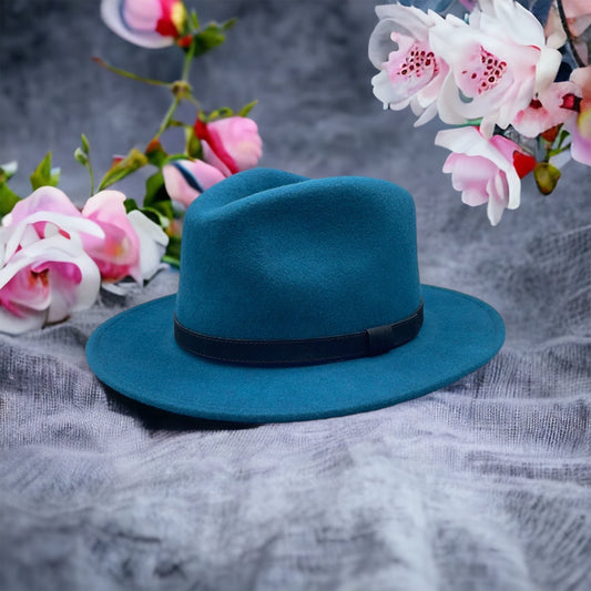 Fedora Teal Hat With Black Leather Band