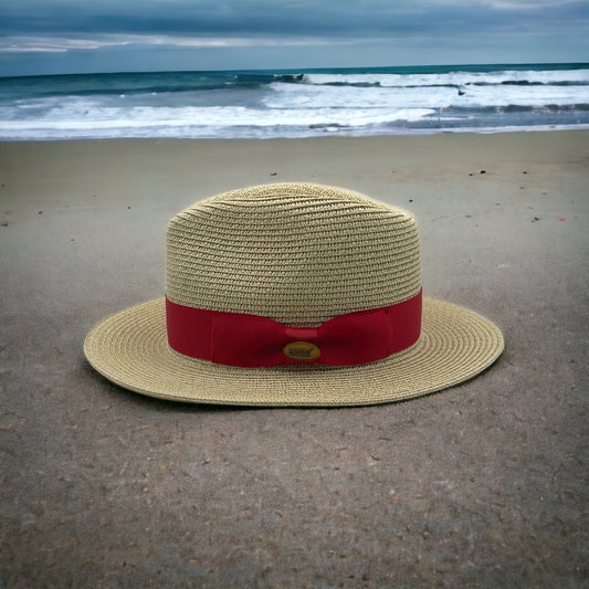 Fedora Natural Straw Hat With Red Ribbon Band