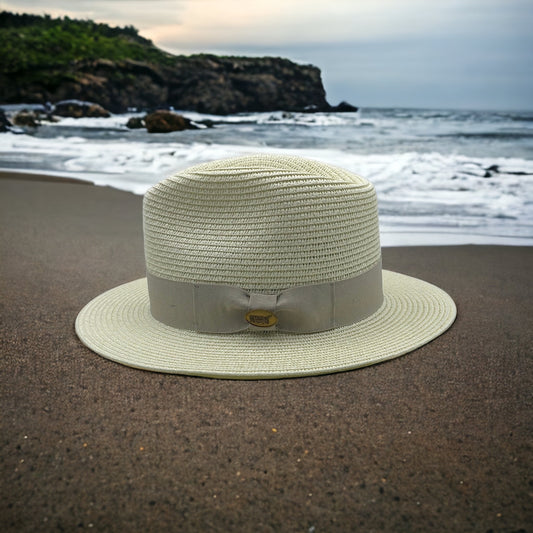 Fedora Straw Hat With A Grey Ribbon Band