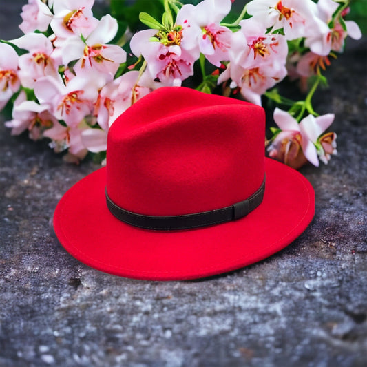 Fedora Cherry Red Hat with Black Leather Band