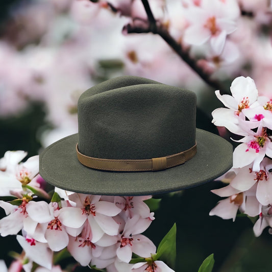 Fedora Olive Green Hat With A Brown Leather Band