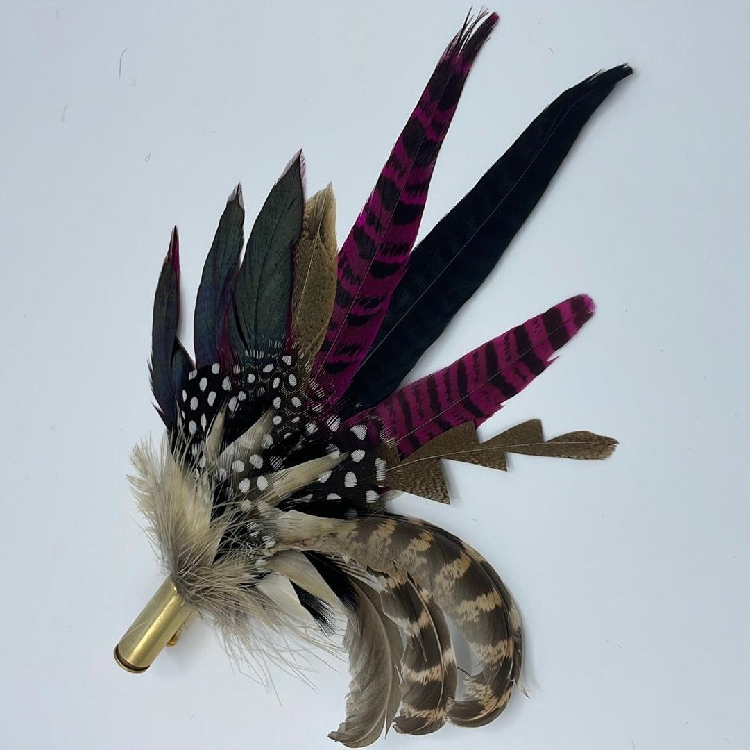 Deep Pink, Black, White & Natural Feather Pin - Country Feathers