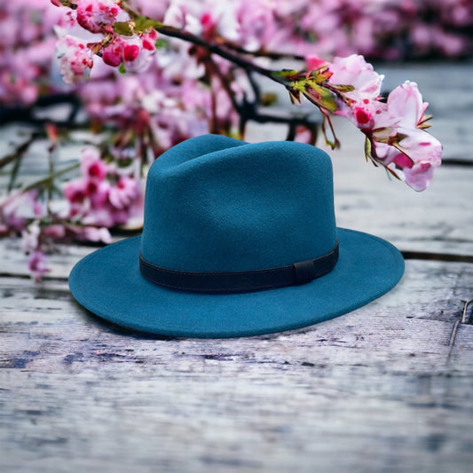 Fedora Teal Hat With Black Leather Band