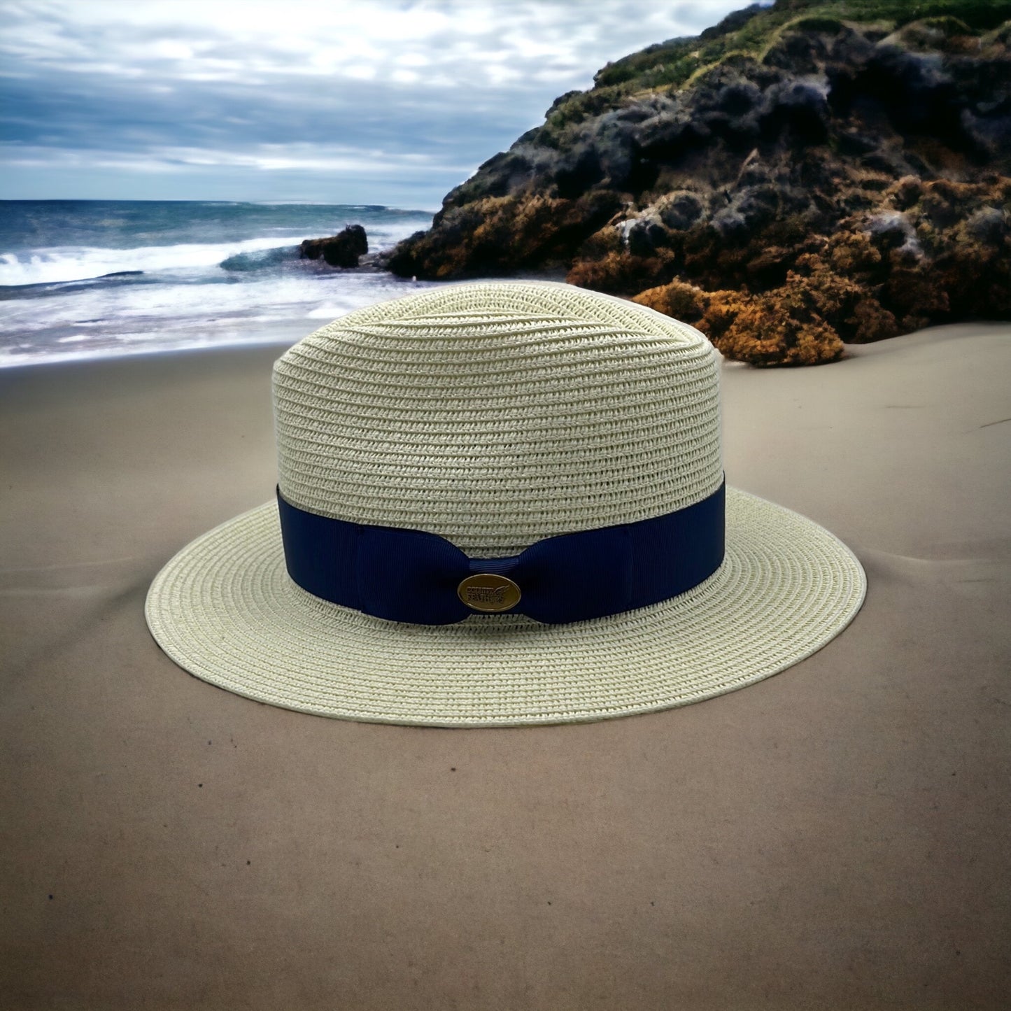 Fedora Straw Hat with Navy Ribbon Band